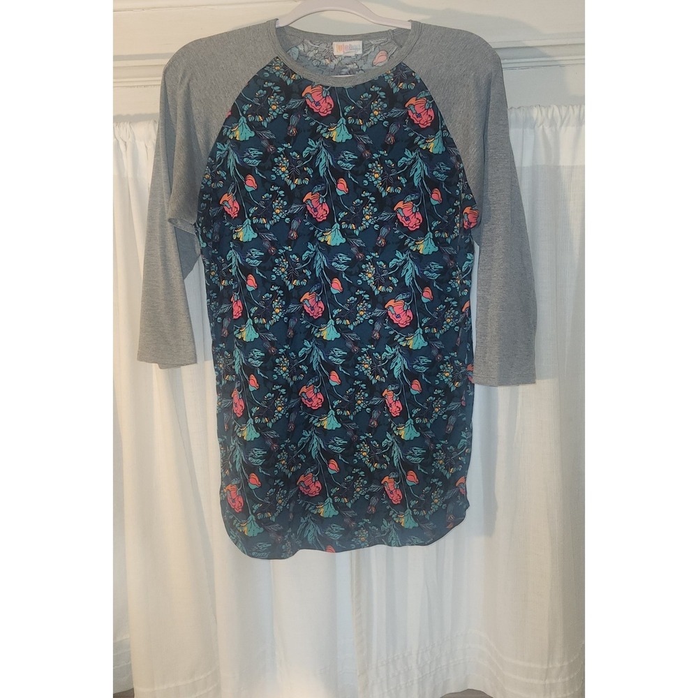 LuLaRoe Womens Sz M Floral Raglan Randy Tunic T-shirt 3/4 Sleeve Teal Pink Gray
